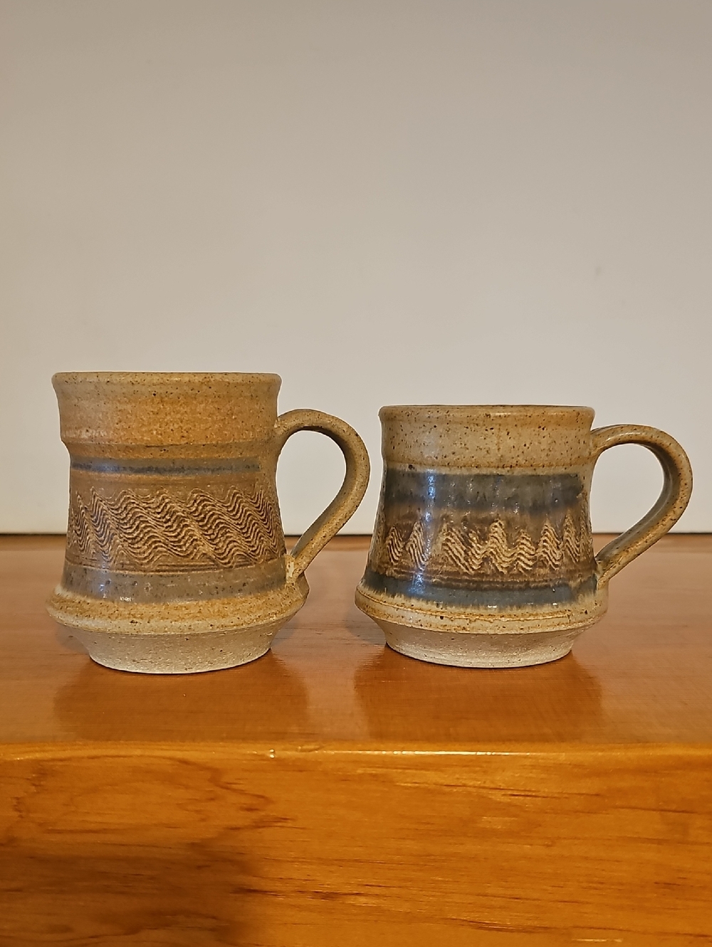 Handmade Stoneware Ceramic Mug - Speckled Brown with Blue Band (Set of 2)